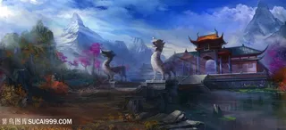 两尊神兽石像中国风CG原画图片