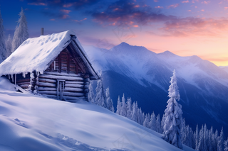 冬季落日雪山雪景木屋摄影图