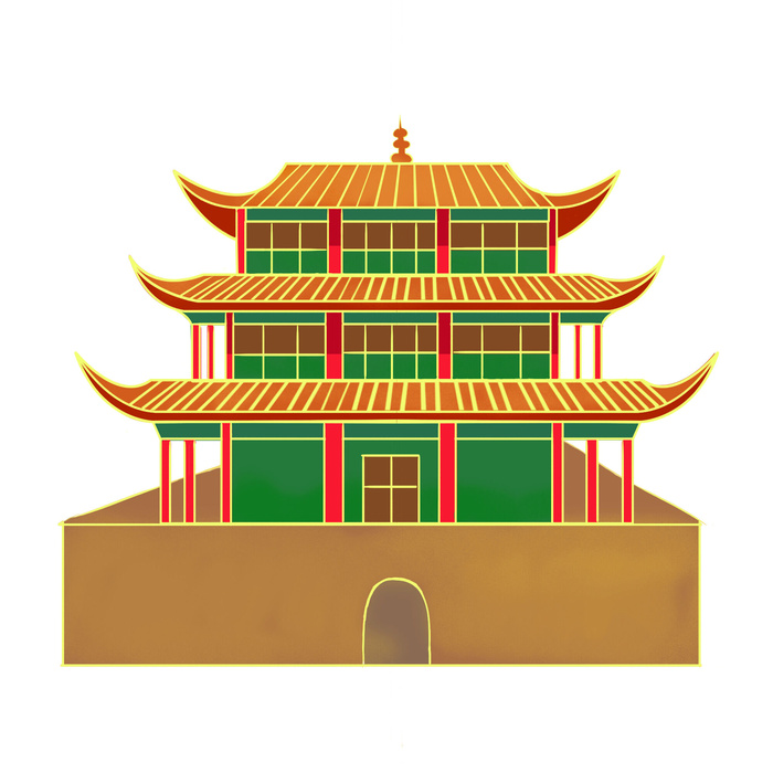 复古中国风国潮古建筑插画手绘高楼古塔PSD素材亭子png免抠图psd模版下载