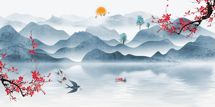 水墨画落日山河梅花中国风背景psd模版下载