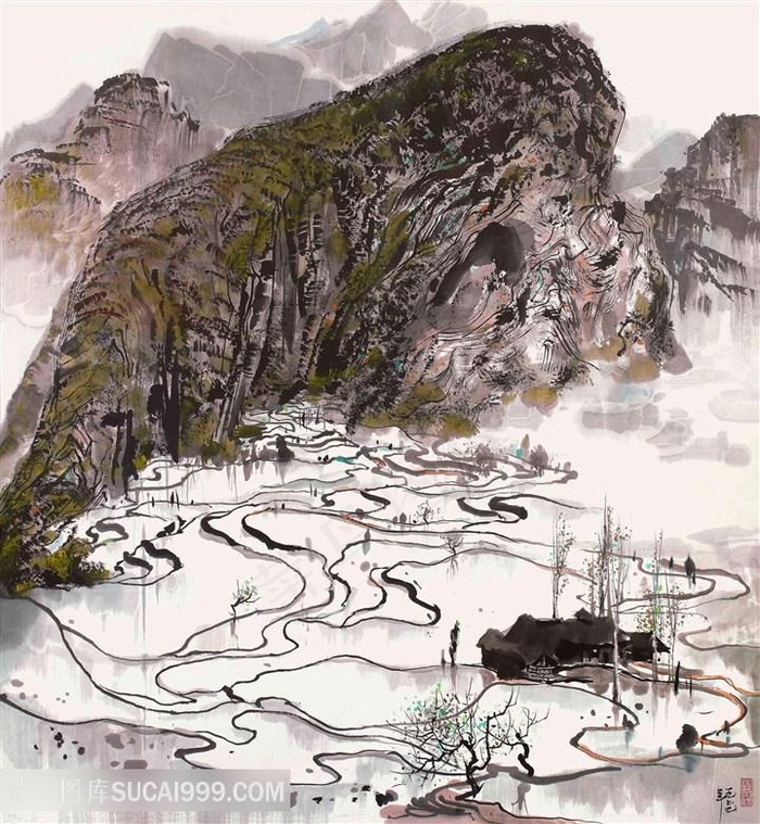 吴冠中手绘水墨山脉湖畔美景装饰画