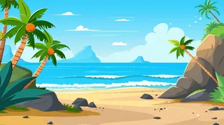 卡通插画海边沙滩礁石椰子树 