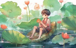 睡莲荷叶池塘里的孩子背景