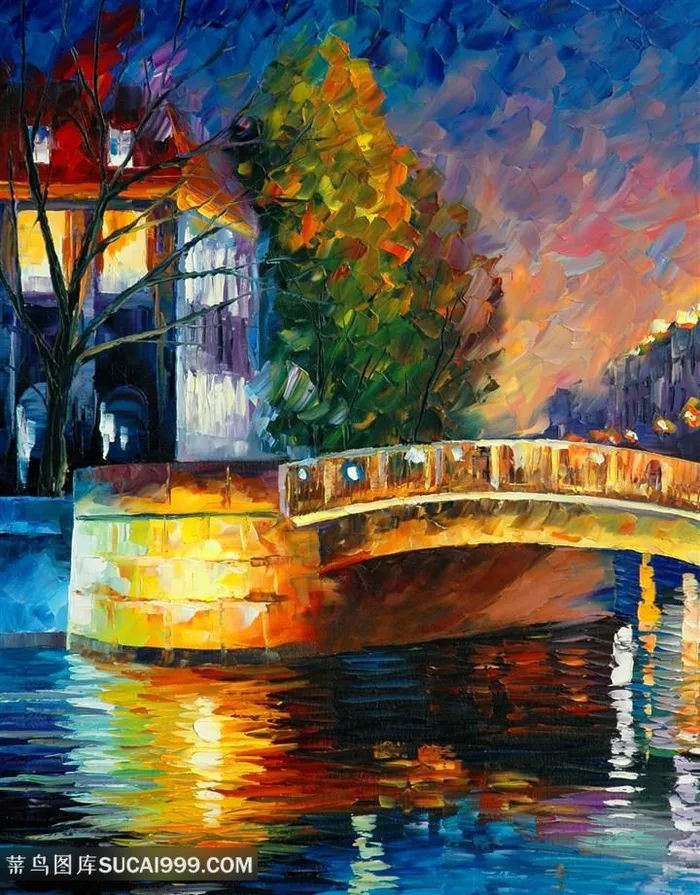 拱桥湖畔水彩油画装饰画插画