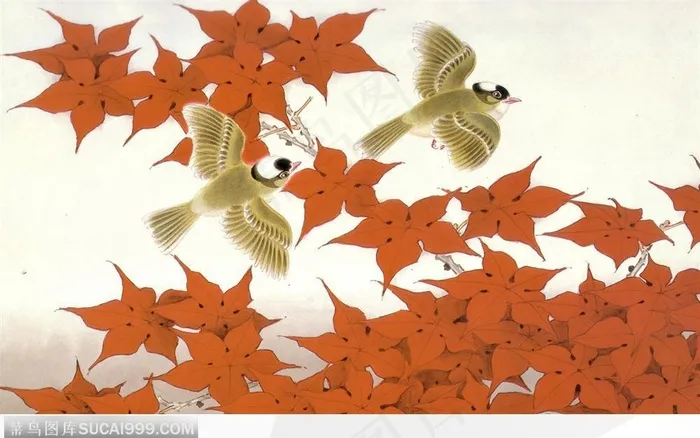 红叶与两只鸟