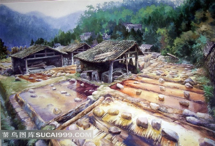 手绘风景山区田园