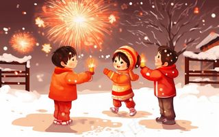 新年除夕夜烟花爆竹儿童玩乐喜庆卡通插画背景