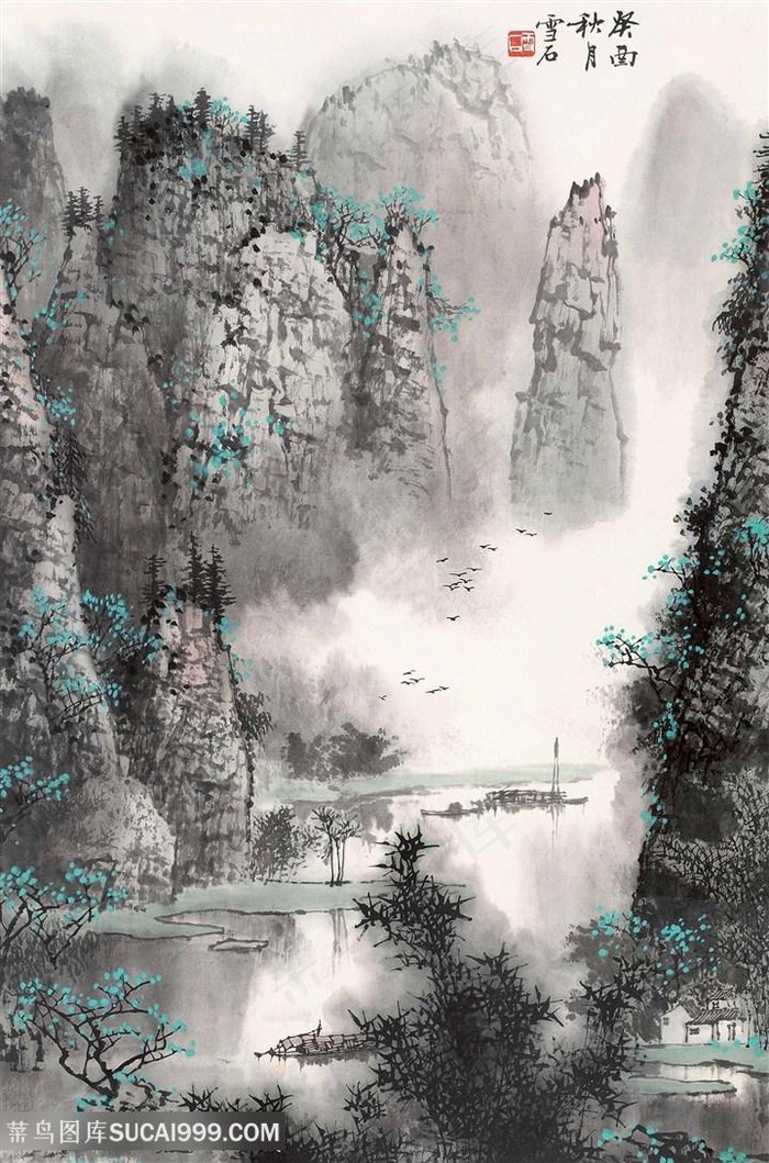 白雪石水墨湖畔山脉高清装饰画