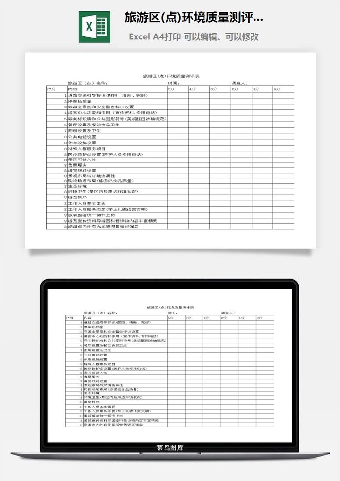 旅游区(点)环境质量测评表excel模板