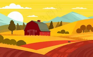 乡村村庄美丽风景河流插画农田插画背景