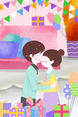 卡通温馨浪漫2月14七夕520情侣拥抱情人节主题插画海报PSD素材