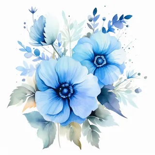 蓝色花朵叶子水彩画插画素材 