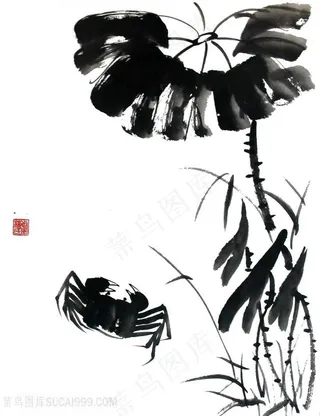 国画螃蟹荷叶芦苇图片