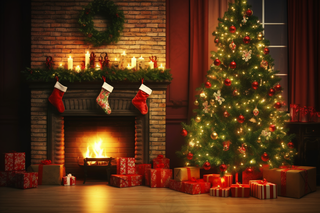 圣诞节室内装饰圣诞树壁炉礼物摄影图