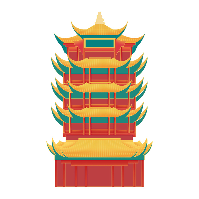 复古中国风国潮古建筑插画手绘高楼古塔PSD素材亭子png免抠图psd模版下载