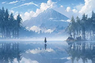 写实风格大场面风景湖泊高山森林插画