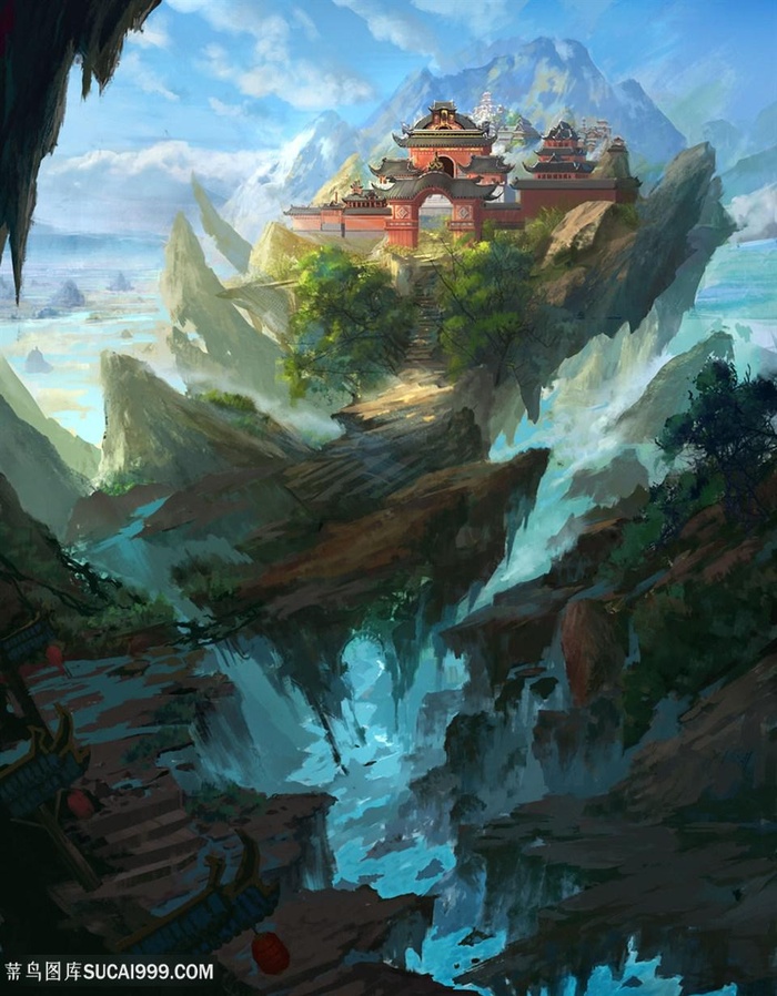 裂开的土地上的建筑物中国风CG原画绘画图片