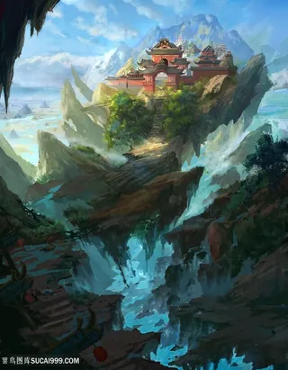 裂开的土地上的建筑物中国风CG原画绘画图片