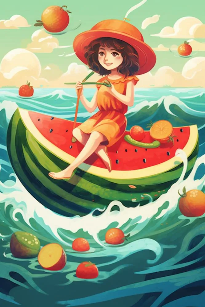 沙滩海洋女孩吃西瓜背景(896x1344)