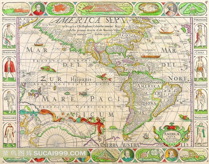 人物装饰边框美洲大洋鱼类分布图