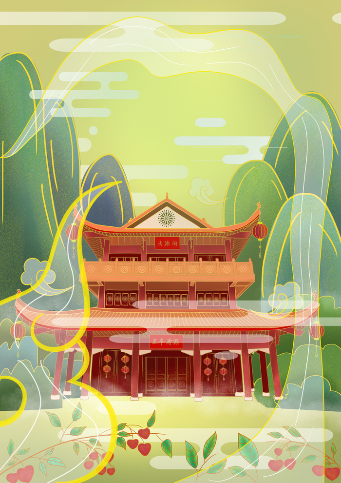 中国风国潮烫金仙鹤山水古建筑风景装饰插画背景PSD分层设计素材psd模版下载