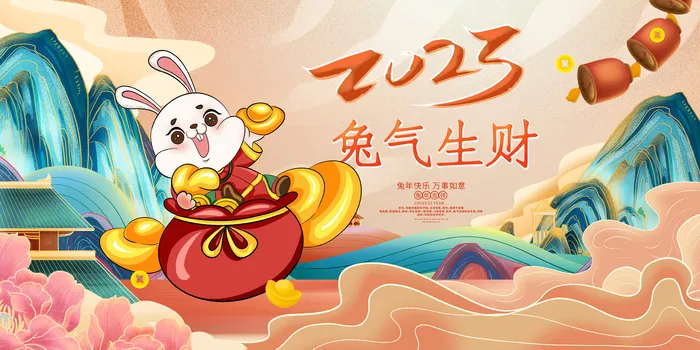 国潮风2023兔年元旦春节元旦展板psd模版下载
