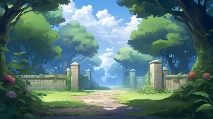 后院花园公园绿荫卡通插画背景(4368x2448)