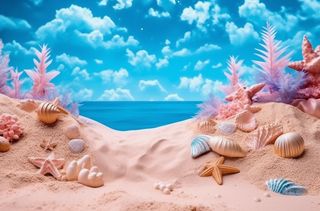 蓝色热带海滩岛屿上的沙子、贝壳、星星、大海和天空的舞台背景
