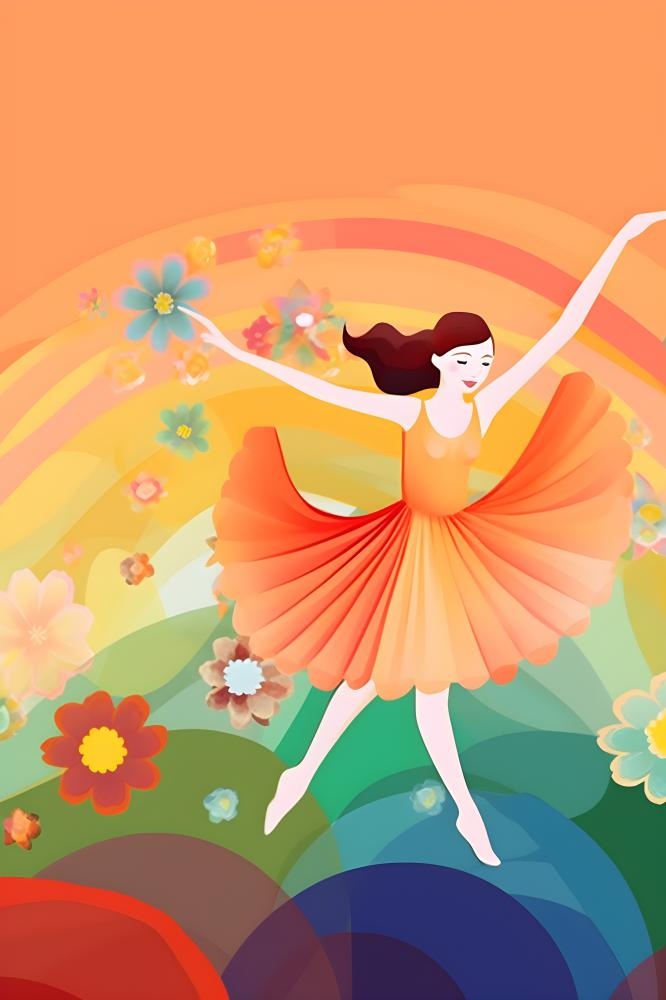花丛中跳舞的女孩色彩插画背景