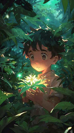 森林探险阳光绿叶男孩儿童，玩耍光照，插画手绘