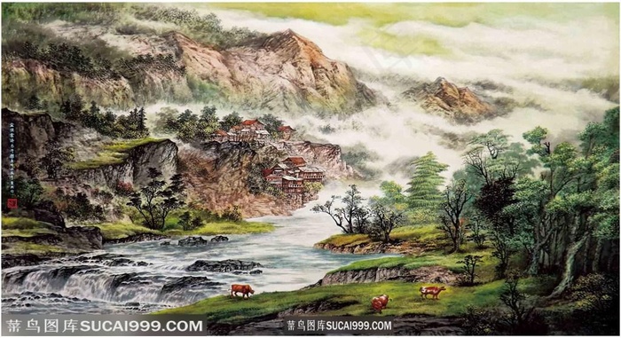 金顶云涛乐牛图78cm×110cm