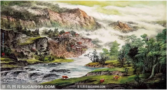 金顶云涛乐牛图78cm×110cm