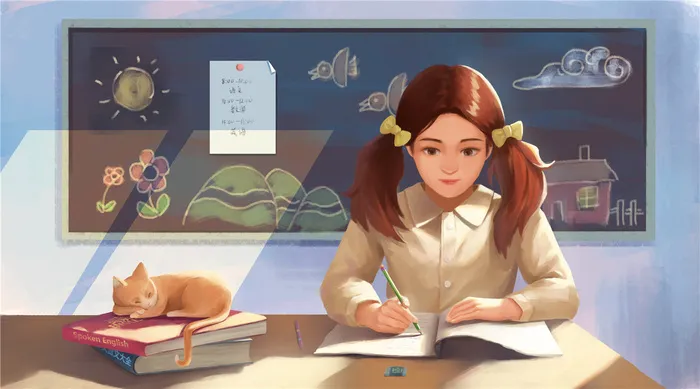 女孩在教室学习小猫插图psd模版下载