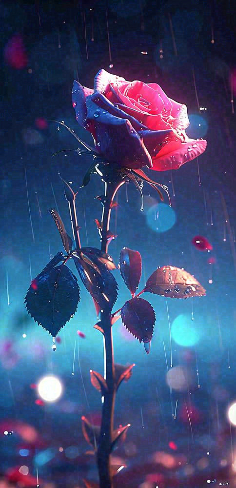 雨天荆棘粉色玫瑰，夜光星光爱情浪漫，情人节(768x1584)