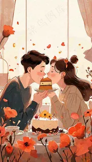 情人节情侣浪漫圣诞节日温馨生日会,插画手绘,居家餐厅美食 情人节情侣浪漫圣诞节日温馨生日会,插画手绘,居家餐厅美食