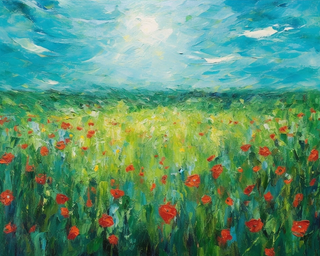 阳光明媚的蓝色田野红色的鲜花油画背景