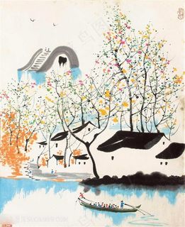 哈尔斯水墨湖畔房子风景画