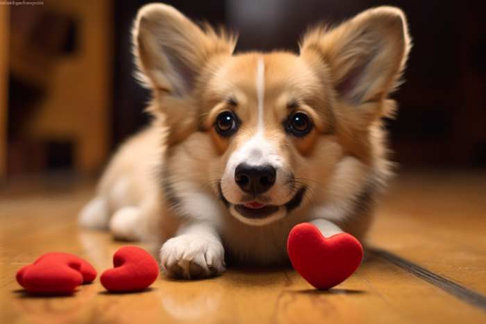 宠物狗柯基趴着木地板上面前还有红色爱心摄影图