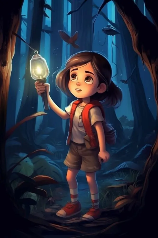 森林探险女孩灯光插画背景(896x1344)