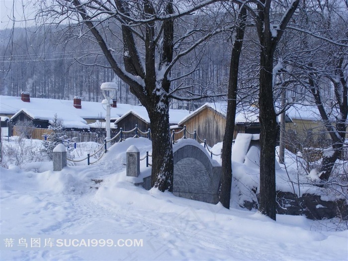 园林建筑雪景摄影图片