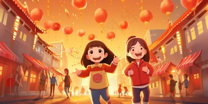 新年除夕街上欢灯结彩孩子们追逐打闹迎接新年喜庆卡通插画背景(1536x768)