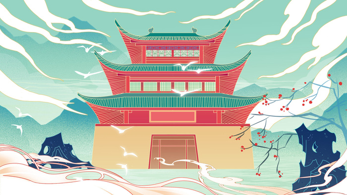 中国风国潮古建筑地标城市古风建筑阁楼印象地标手绘插画PSD素材