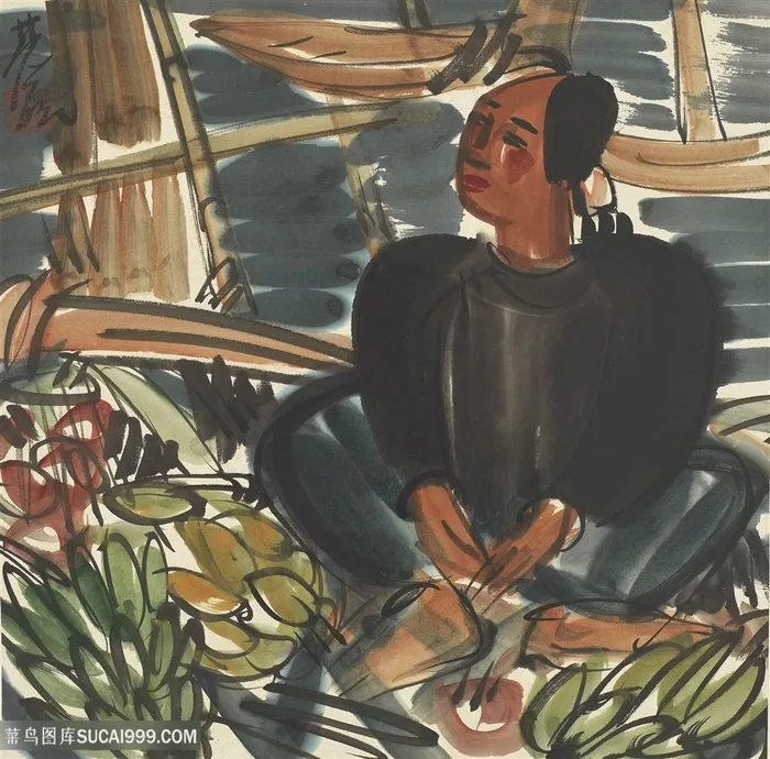 林风眠水彩人物香蕉装饰画