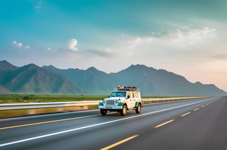 白色汽车在高速公路上行驶旁边是远处的雪山摄影图