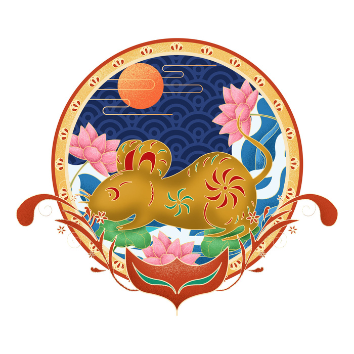 中国风国潮十二生肖兔手绘烫金插画春节剪纸元素PSD设计素材