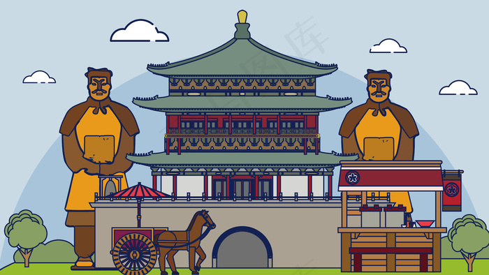 古风建筑插画ai矢量模版下载