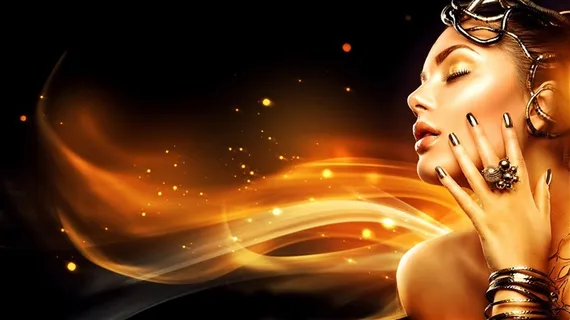 金色唯美线条背景上的时尚美女高清图片