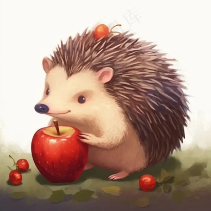 刺猬苹果觅食动物卡通插画素材(1024x1024)