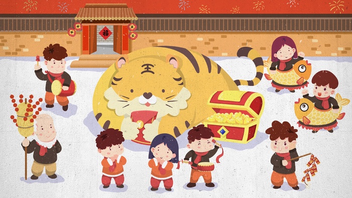 虎年中国风萌虎插画psd模版下载