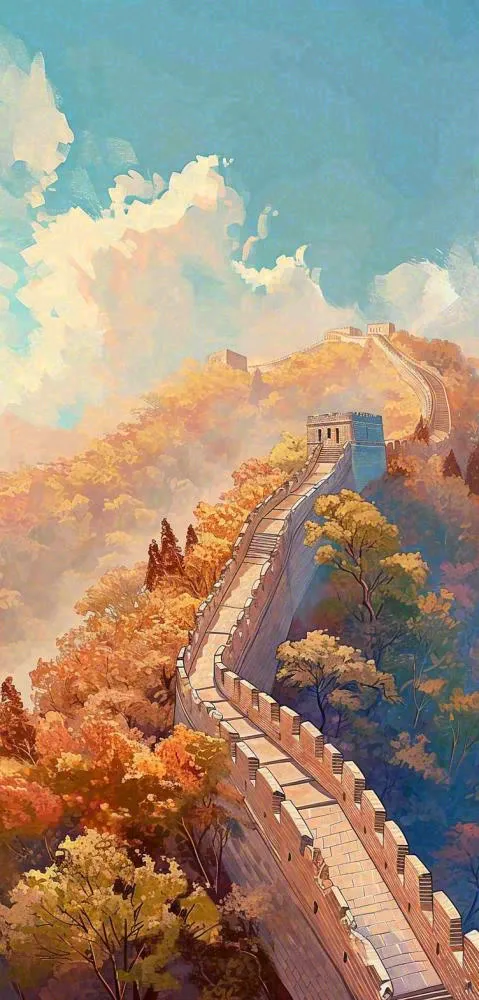 中国风长城雄伟建筑户外手绘插画(752x1568)